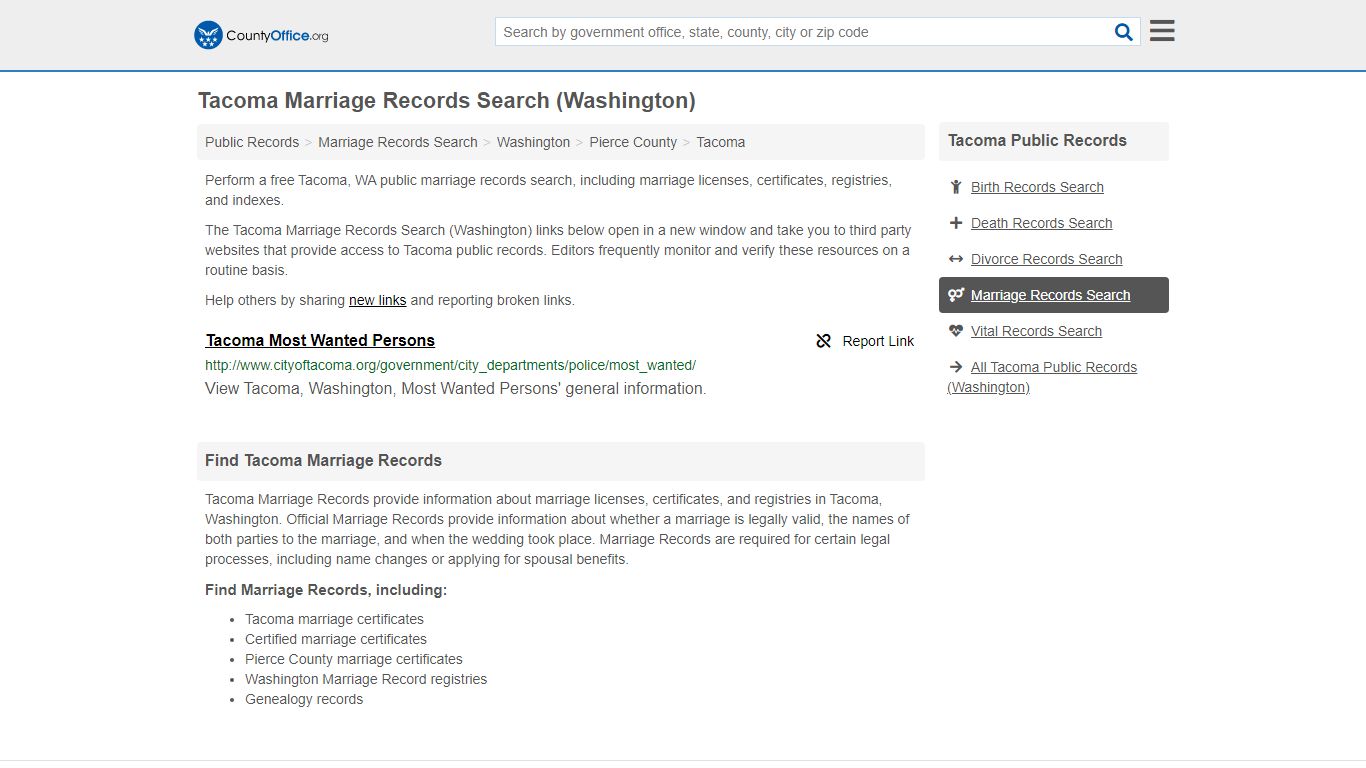 Tacoma Marriage Records Search (Washington) - County Office